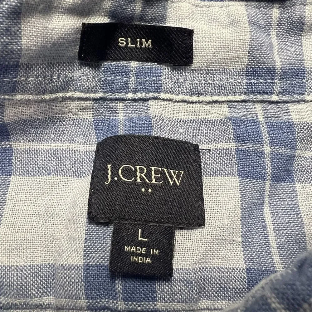 J‎ Crew Shirt Mens Large Blue Plaid Button Up Linen Casual Slim Lightweight
